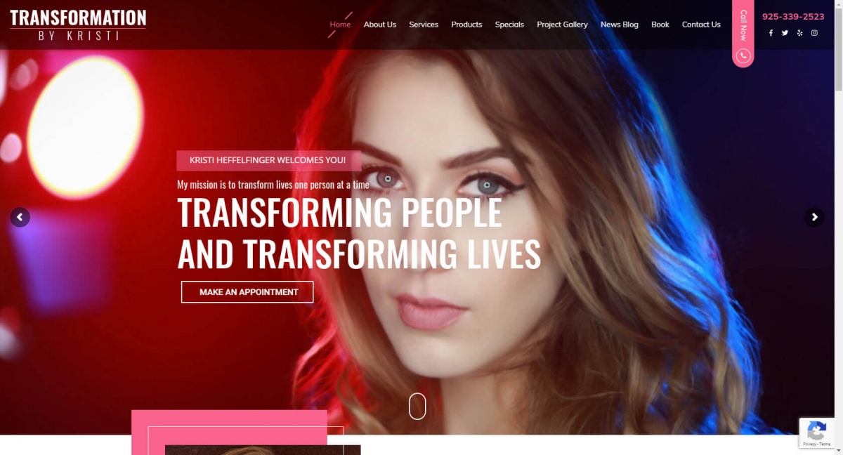 The front page of Transformation by Kristi's website. Displays a women in a dark room with red and blue lights
